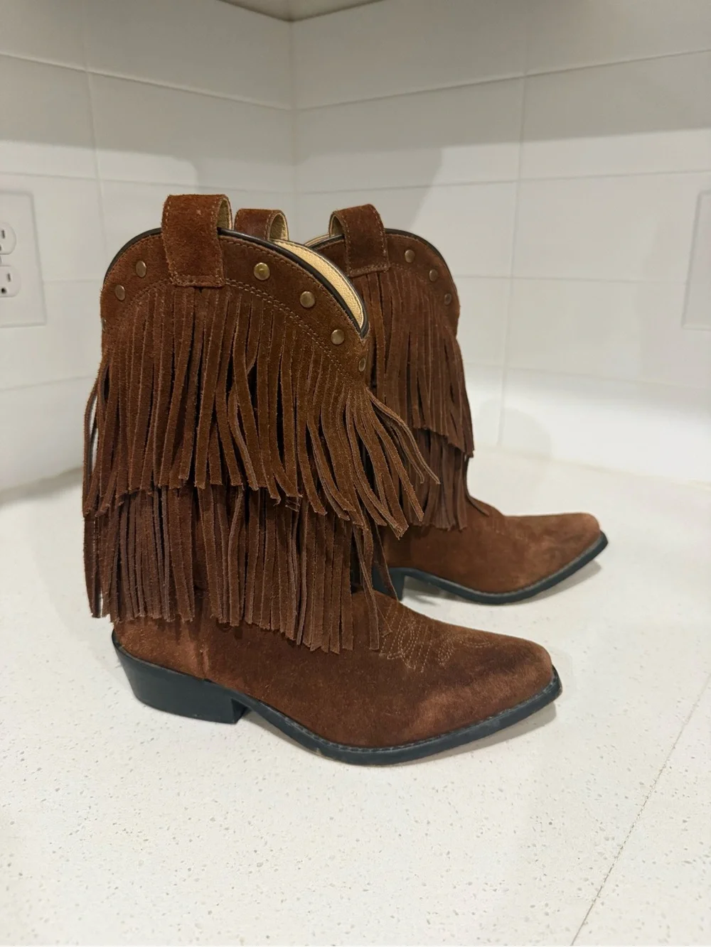 Girls Shyanne Fringed Boho Genuine Suede Western Ankle Boots in Chestnut Brown